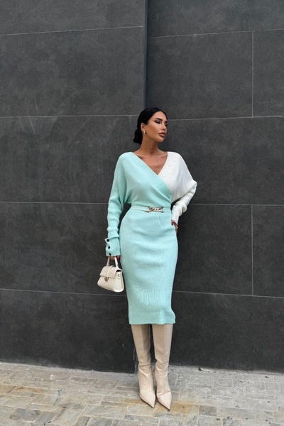 Auroveen Mint & Ekru Renk Bloklu V Yaka Triko Elbise AV3767