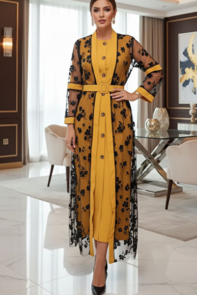 Muchmy طقم عباية نسائية مكون من قطعتين، فستان داخلي شبكي، أكمام طويلة، حزام، ...