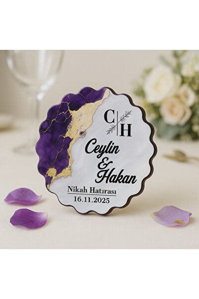 50 Adet Kişiye Özel Epoksi-Mermer Görünümlü Ahşap Magnet – Mor - Nikah & Düğün Hediyeliği