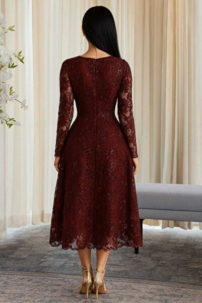 Liva Burgundy winter evening dress decorated with floral sequins