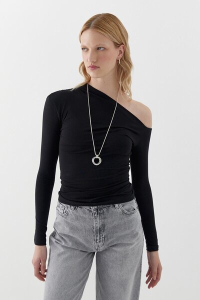 MARKALİSTE Boat Neck Off Shoulder Blouse Black