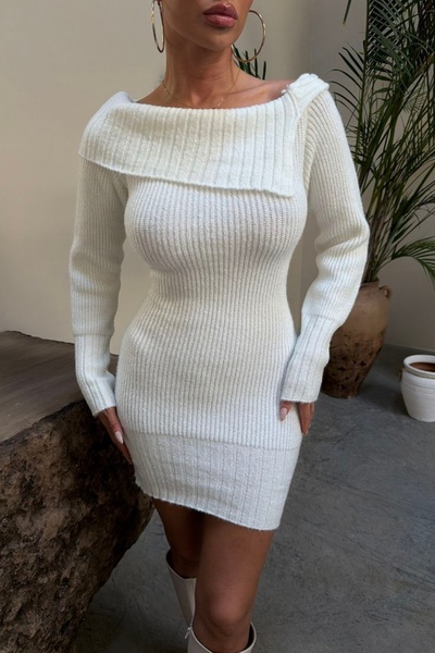 Auroveen Basic Geniş Kat Yaka Fit Model Triko Mini Elbise AV3912