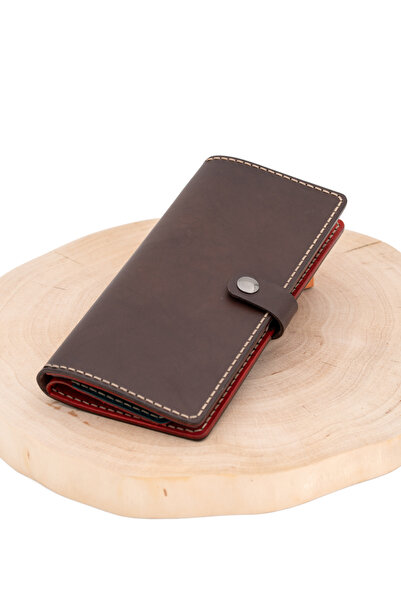 tudorAce Women's tall wallet, brown genuine leather, 20x10 cm, red & petrol green interior