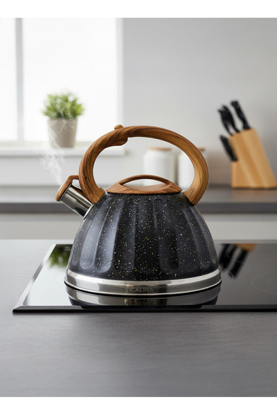 Vadi إبريق شاي من الفولاذ المقاوم للصدأ مع مقبض من الخيزران، لون أسود، سعة 3.2 لتر