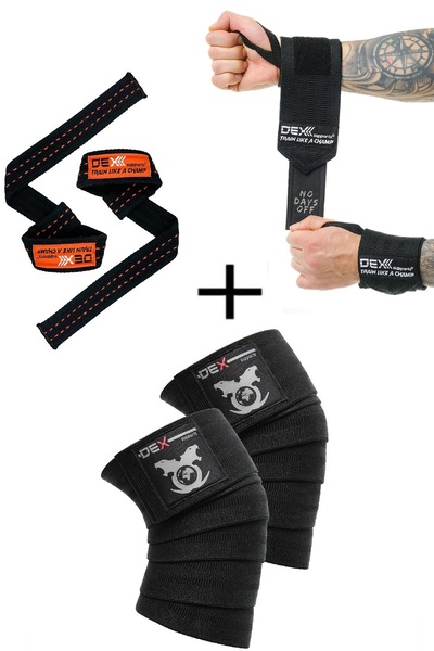 Dex Supports Sports Wrist Wraps Legend, Lifting Straps Pro, Fitness Knee Wraps Knee Wraps Legend Set of 3