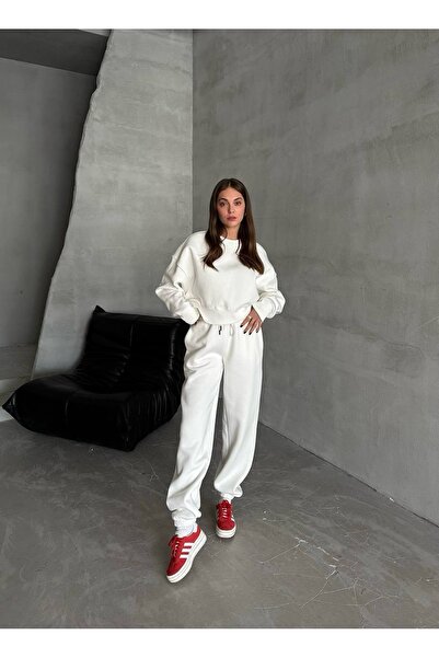 NURCAN KESKİN STORE White Fleece-Lined 3 Thread Oversized Tracksuit Suit