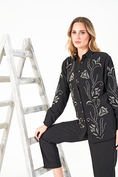 MİA NOURA Women's Velvet Shirt and Pants Set with Beaded Embroidery on the Front and Sleeves