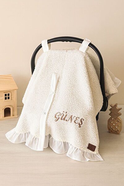 JUNİPERUS Kişiye Özel Nakışlı Fırfırlı Peluş Puset Örtüsü İsime Özel Anakucağı Örtüsü