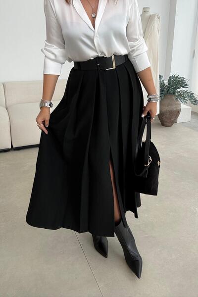 ELVAN TOLON Black Front Slit Pleated Skirt