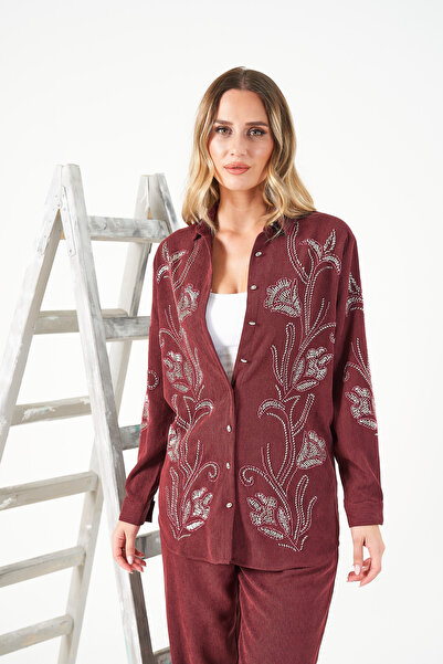 MİA NOURA Women's Velvet Shirt and Pants Set with Beaded Embroidery on the Front and Sleeves