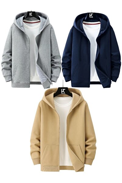 Karatopak سترة رياضية بقلنسوة للجنسين بسحاب، طقم من 3 قطع