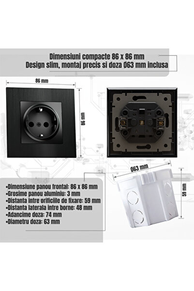 OEM Schuko socket 16A 250V, black aluminum frame, fireproof ABS, TR child protection, mounting box Ø63 mm