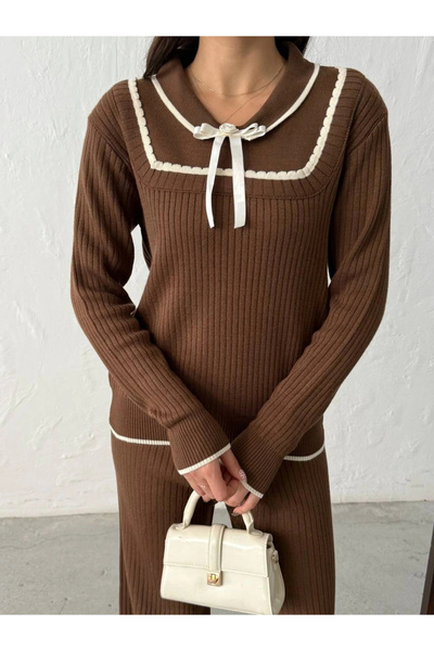 Lusin Women's Brown Bow Detailed Corded Fabric Piece Stylish Knitwear Set