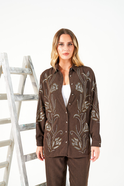 MİA NOURA Women's Velvet Shirt and Pants Set with Beaded Embroidery on the Front and Sleeves