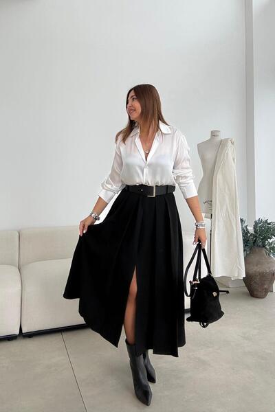 ELVAN TOLON Black Front Slit Pleated Skirt