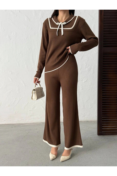 Lusin Women's Brown Bow Detailed Corded Fabric Piece Stylish Knitwear Set