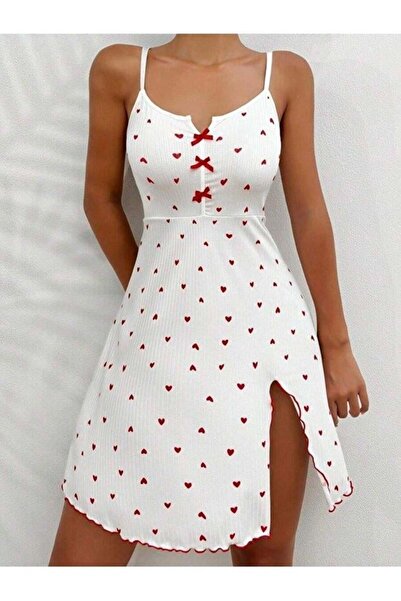 R RUSELİN Lvsqvr Women's White Red Heart Patterned Suspender (213536) Dress 5066