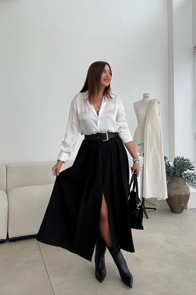 ELVAN TOLON Black Front Slit Pleated Skirt