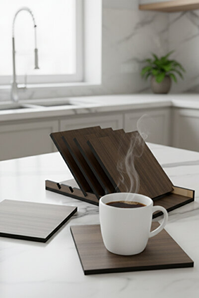 ZenoraHome Ahşap Tasarım 6’lı Kare Bardak Altlığı Seti – Standlı, Şık ve Daya...