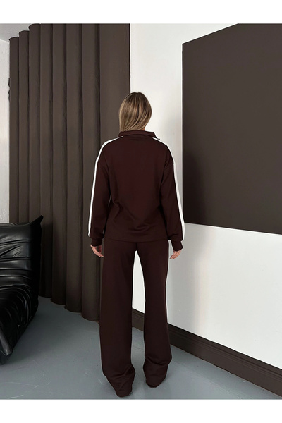 Lusin Women's Brown Soft Premium Fabric Striped Detail Blouse Pants Bottom Top Two Piece Set