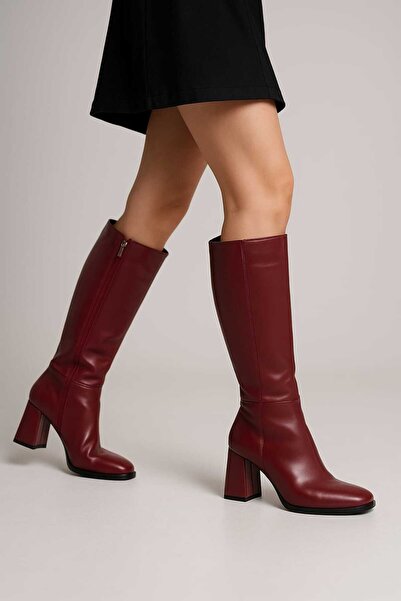 ÜNAL ÖZER Cizme clasice cu toc de lungime medie, piele burgundă, pentru femei, UN001-0131