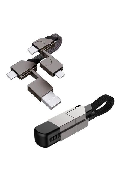 Zilvana 4'ü 1 Arada Metal Anahtarlık Hızlı Şarj Kablo – USB-A/Type-C Giriş, T...