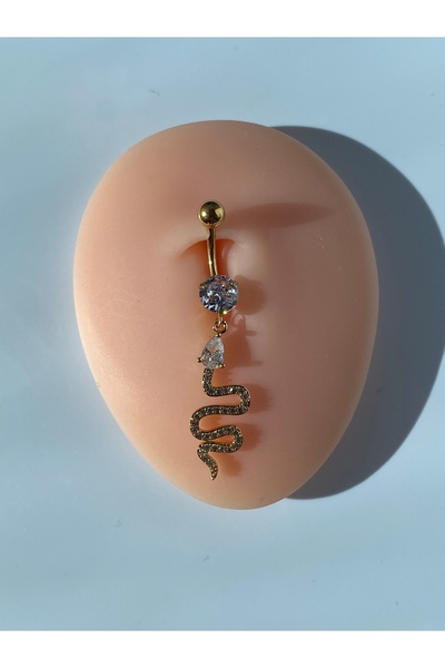 kurukafagift Göbek Çelik Piercing Sallantılı Yılan Figürlü Damla Taşlı