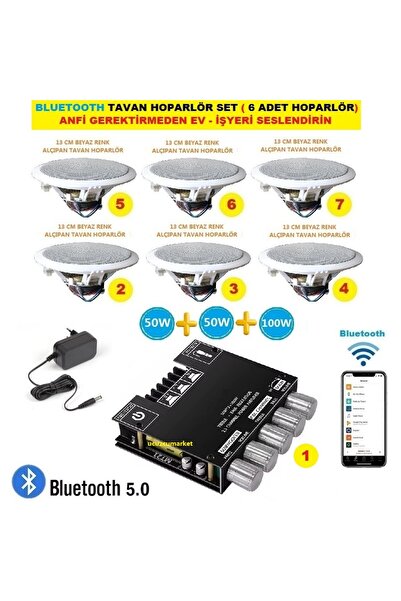 Kalite Bluetooth Tavan Hoparlör Seti (1 Adet Anfi + 6 Adet 13 cm Tavan Hoparlör)