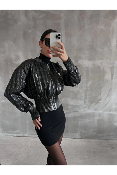 ZENGEZUR MALL Lvsqvr Buy Gathered Crop Leather Jacket Black (213909) (Size: S)