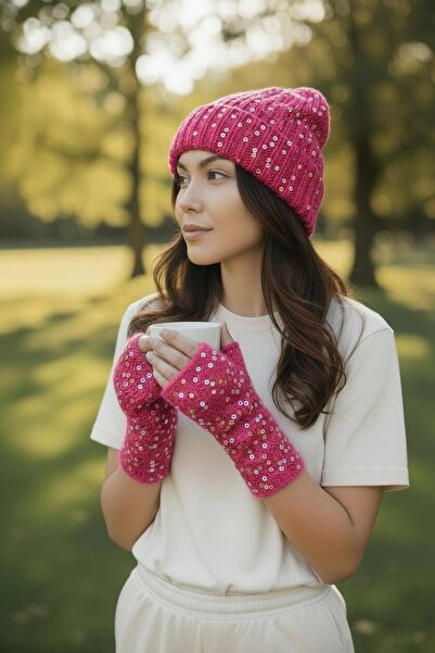 Charme Elegant Set de mănuși și căciulă tricotate manual pentru femei