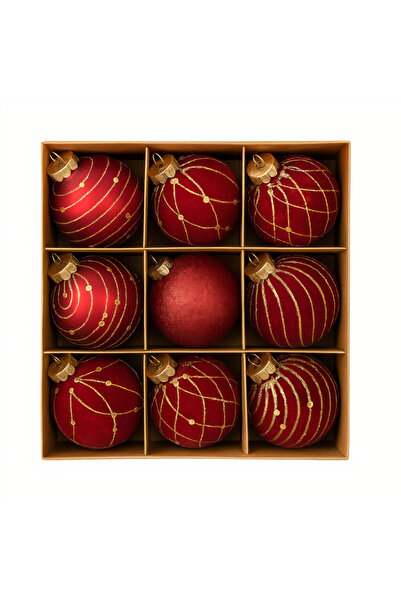 ABAS Christmas Baubles 9/set Red Velvet 7cm, with Gold Pattern and Glitter