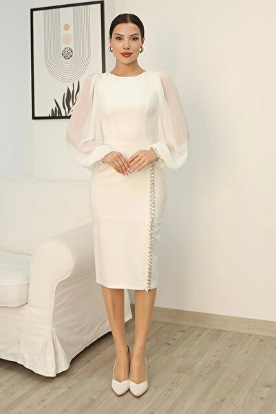 lodmela Pearl and Stone Embellished Balloon Sleeve Evening Dress 2244-White