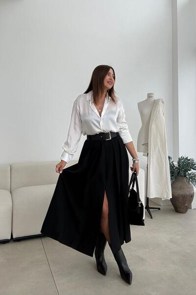 ELVAN TOLON Black Front Slit Pleated Skirt