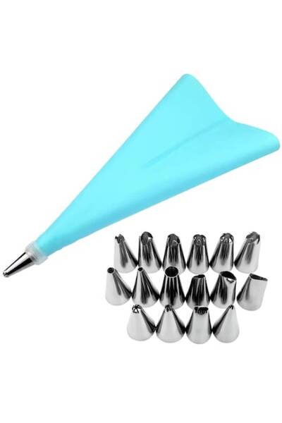 PROMERCO Set pentru patiserie/cofetărie cu poș de ornat din silicon și 12 duze din oțel inoxidabil pentru decorare, albastru