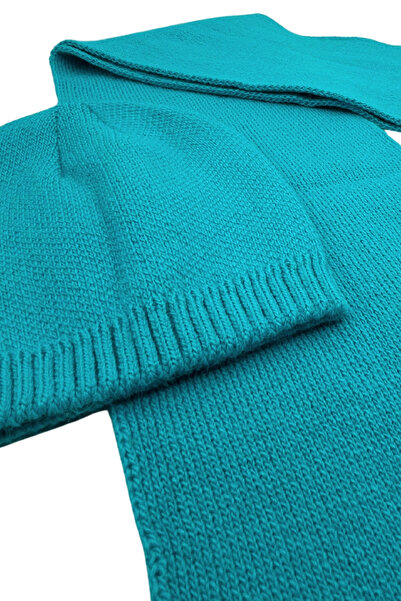 Sofist İstanbul Set eșarfă și beretă tricotată pentru femei, albastru turcoaz, culoare uni, eșarfă lungă și moale și set de beretă