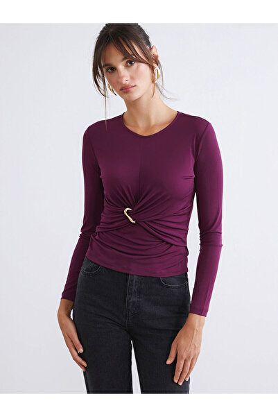 LC Waikiki Soulife Burgundy Crew Neck Gathered Blouse