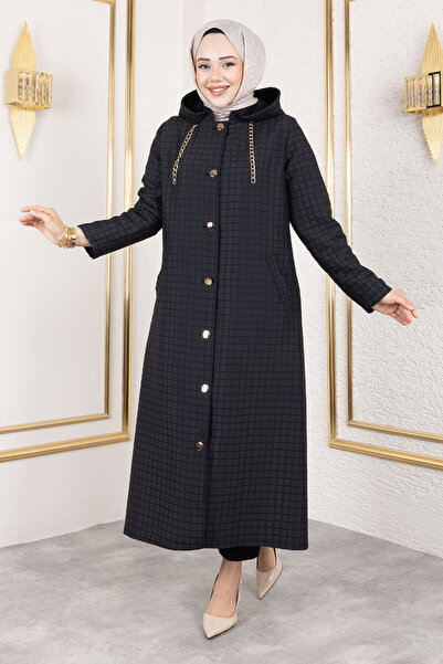 sd butique Zincir Detaylı Kapüşonlu Tesettür Kap - Altın Düğmeli - Kapitone D...