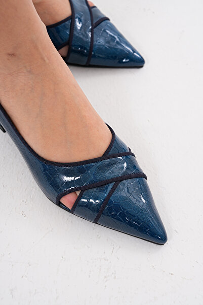 nuvilo حذاء باليرينا نسائي من الجلد باللون الأزرق الداكن مطبوع بكعب سميك بسمك...