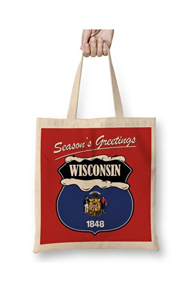 Toyaso Seasons Greetings Wisconsin Christmas White Cloth Bag Long Handle Shopping Bag
