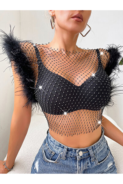 Veille Sparkly Mesh Detailed Strapless Crop & Stone Embellished Party Model & Sleeve Feathered Stone Transparent Night Crop