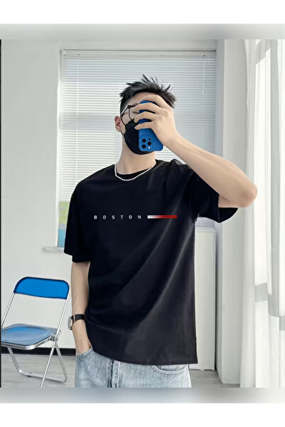 TİMİSİVA Μπλουζάκι Unisex oversized BOSTON με τύπωμα με κοντό μανίκι ΜΑΥΡΟ