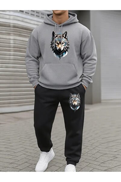 Massgai Unisex Wolf Kurt Printed Hooded Oversized Bottom-Top Set Cotton Tracksuit Set