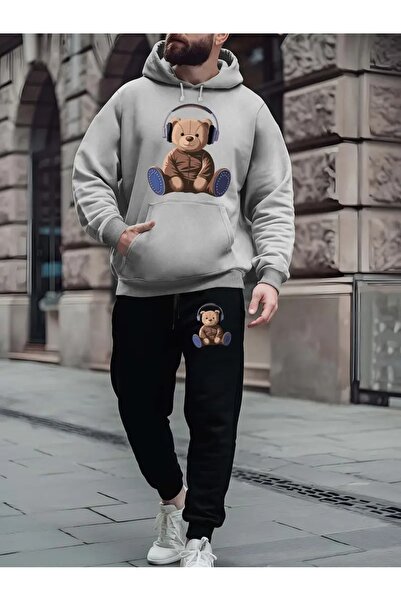 Massgai Unisex Music Bear Printed Hooded Oversized Bottom-Top Set Jogger Cotton Tracksuit Set
