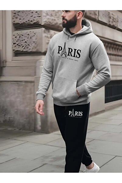 Massgai Unisex Paris Eiffel Printed Hooded Oversized Bottom-Top Set Cotton Tracksuit Set