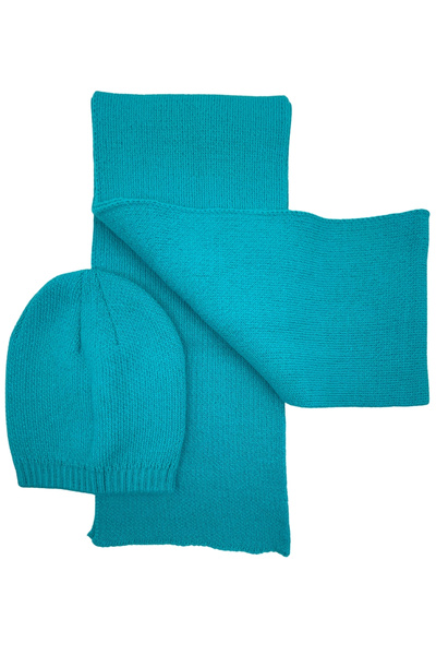 Sofist İstanbul Set eșarfă și beretă tricotată pentru femei, albastru turcoaz, culoare uni, eșarfă lungă și moale și set de beretă