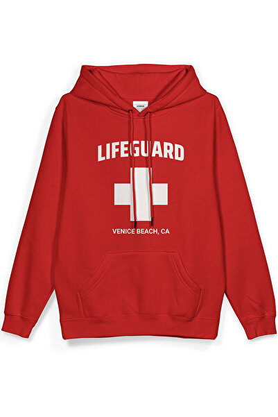 Overoz Lifeguard Printed Hooded Oversized Sweatshirt Red Hoodie H1410