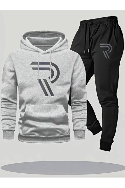 Massgai Unisex R Printed Hooded Oversized Bottom-Top Set Jogger Cotton Tracksuit Set