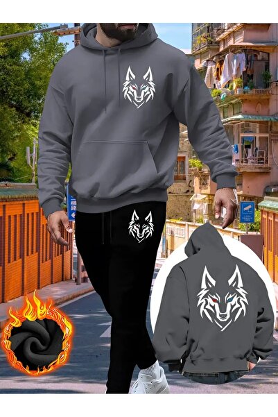 Massgai Unisex Wolf Kurt Printed Hooded Oversized Bottom-Top Set Cotton Tracksuit Set