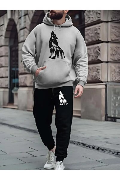 Massgai Unisex Wolf Kurt Printed Hooded Oversized Bottom-Top Set Cotton Tracksuit Set