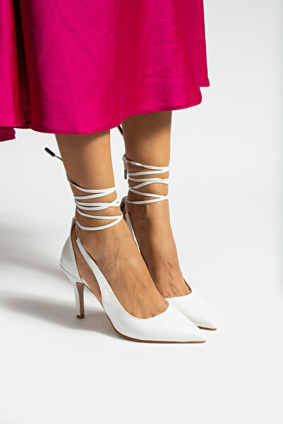 nuvilo حذاء نسائي بكعب عالٍ مدبب من الجلد الأبيض بطول 8.5 سم